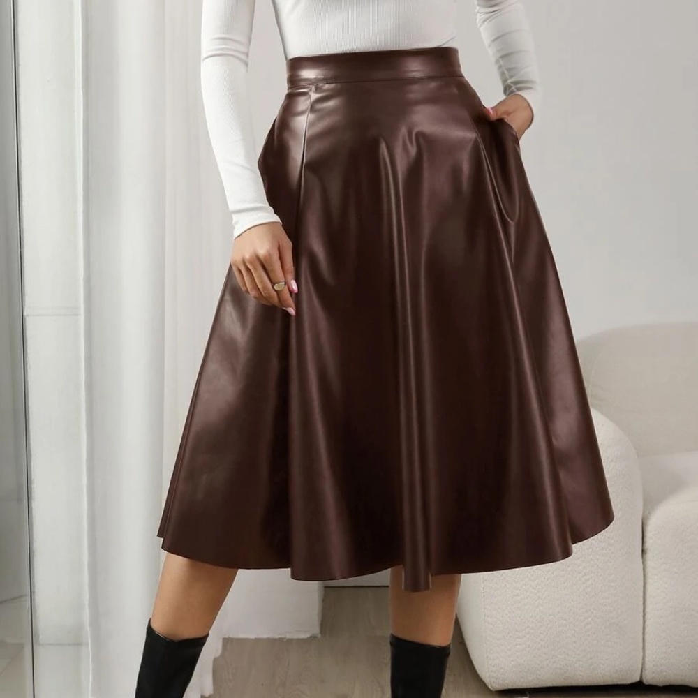 Classic Vegan Leather Pocket Midi Skirt - Picture 7 of 9